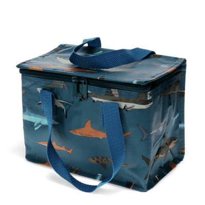 Insulated lunch bag with shark pattern on a transparent background