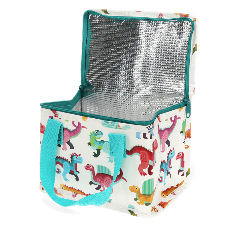 Insulated lunch bag with dinosaur pattern on a white background