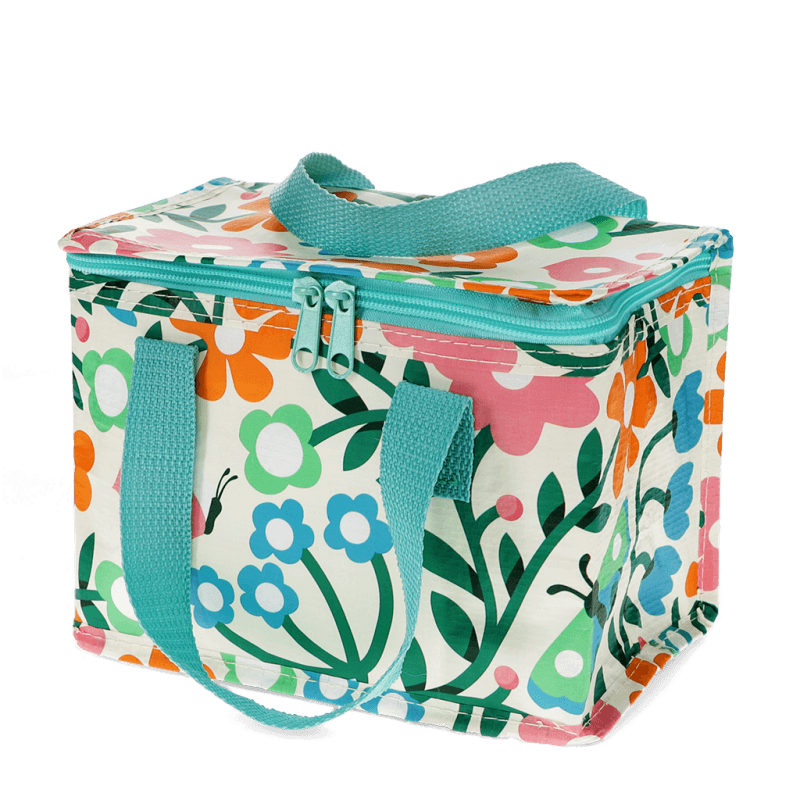 Floral-patterned cooler bag with turquoise handles on a transparent background