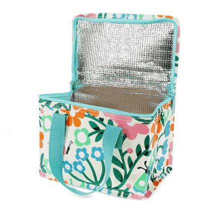 Floral-patterned cooler bag with blue handles on a white background