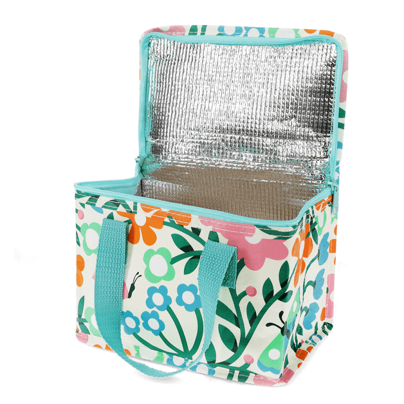 Floral-patterned cooler bag with blue handles on a white background