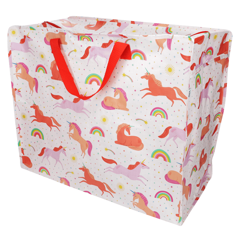 Storage bag with unicorn and rainbow pattern on a white background