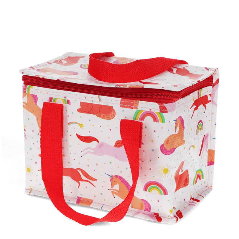  insulated lunch bag with red handles and unicorn design on a white background