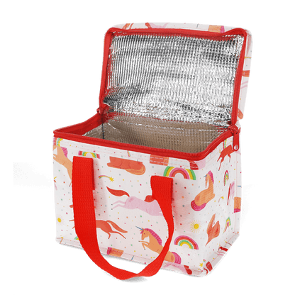 Insulated lunch bag with colorful unicorn pattern on a white background