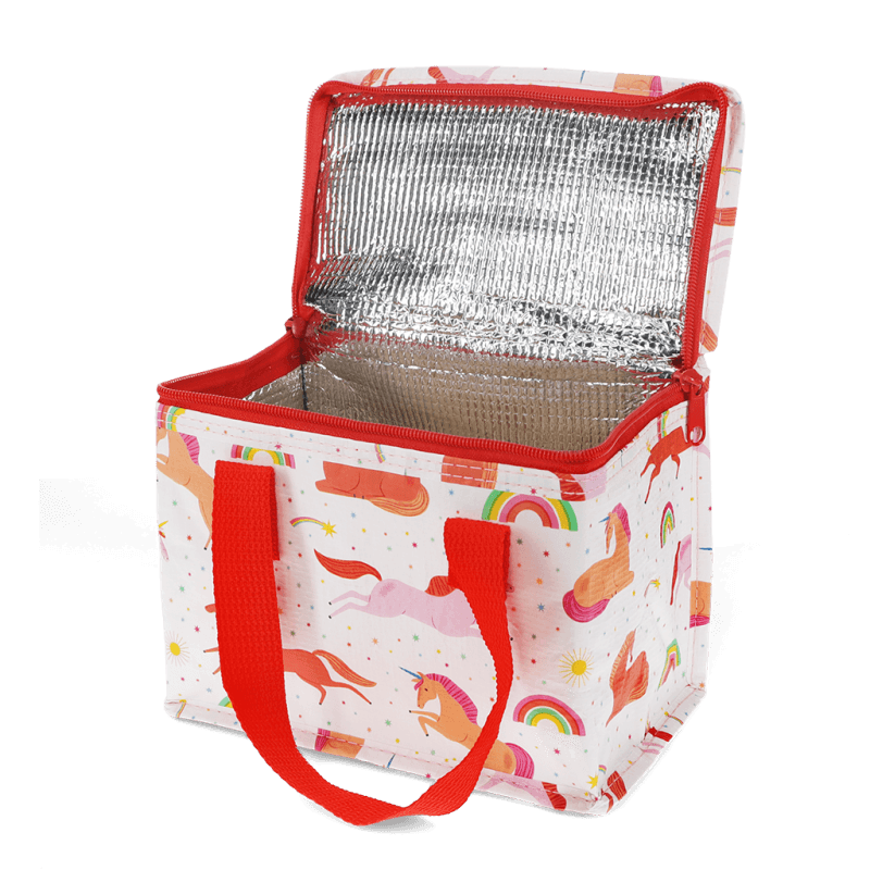 Insulated lunch bag with colorful unicorn pattern on a white background