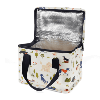 Insulated cooler bag with dog park pattern on a transparent background