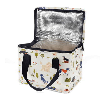 Insulated cooler bag with dog park pattern on a transparent background