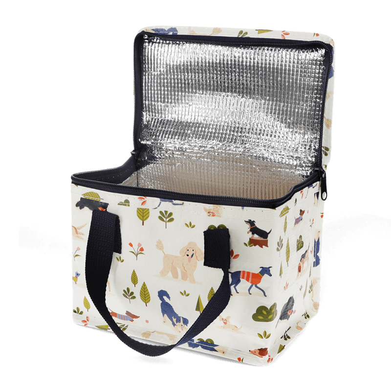 Insulated cooler bag with dog park pattern on a transparent background