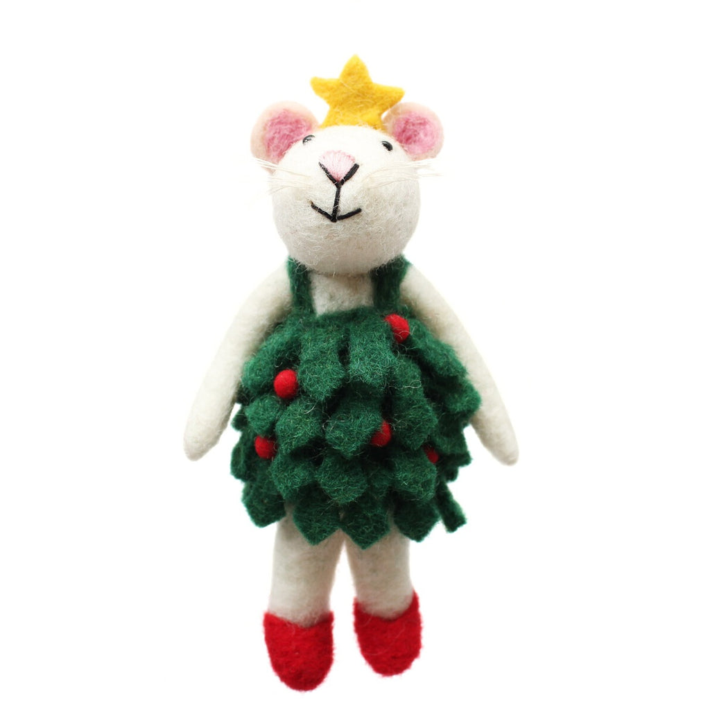 Amica Felt fair trade Christmas Mouse in Holly Dress decoration