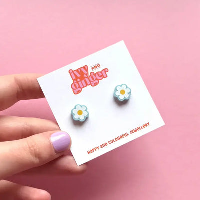 Midi Pastel Blue and White Daisy Stud Earrings image 0
