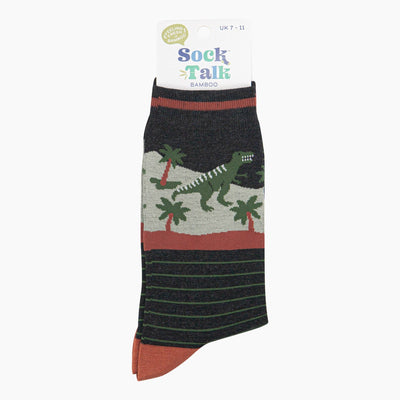 Sock Talk Men's Bamboo Socks - Black/Green, T-Rex Forest Bibelot Leek UK Sockist