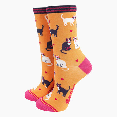 Sock Talk Women's Bamboo Socks - Orange, Cats and Love Hearts Bibelot Leek UK Stockist