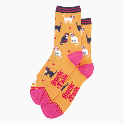 Sock Talk Women's Bamboo Socks - Orange, Cats and Love Hearts Bibelot Leek UK Stockist