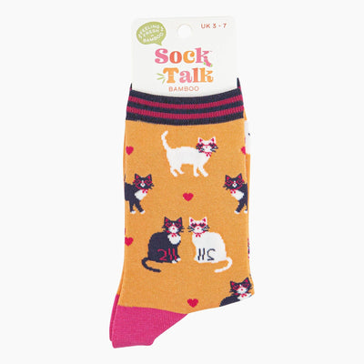 Sock Talk Women's Bamboo Socks - Orange, Cats and Love Hearts Bibelot Leek UK Stockist