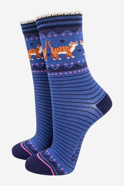 Sock Talk Women's Bamboo Socks - Denim Blue/Navy Blue, Ginger Cats Bibelot Leek UK Stockist