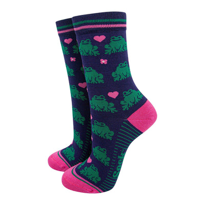Sock Talk Women's Bamboo Socks - Navy Blue/Pink, Frogs Bibelot Leek UK Stockist