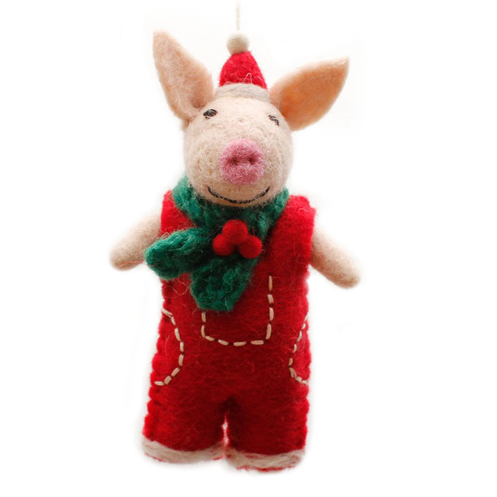 Amica Felt fair trade Piglet in Christmas Dungarees Decoration