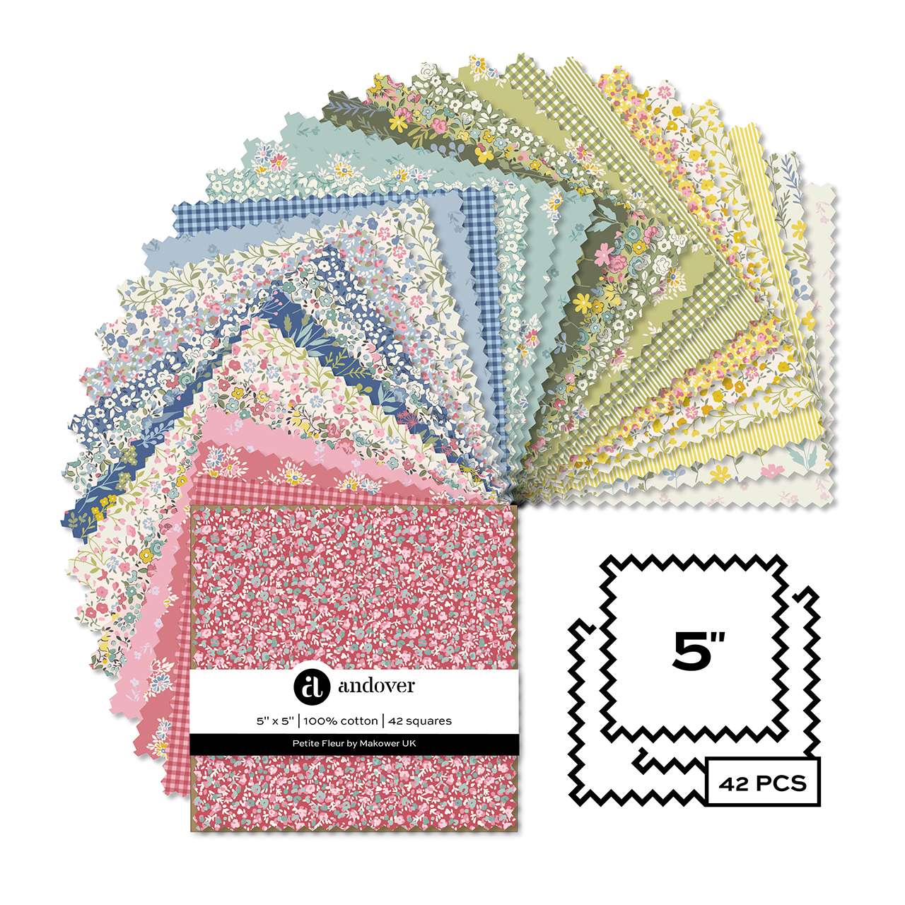 Makower Petite Fleur Pre Cut 5 Inch Squares / 42 Squares Per Pack: 1S/PF Cotton Fabric at Bibelot, Leek