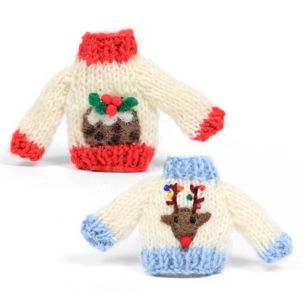 Amica Felt Christmas Knitted Jumper Decoration - Christmas Pudding or Reindeer