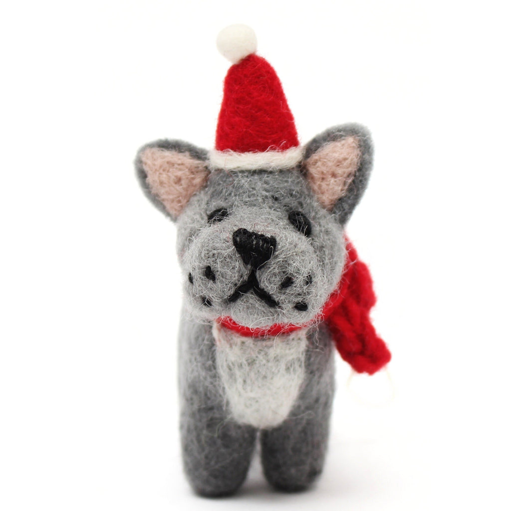 Amica Felt fair trade Christmas French Bull Dog with Hat & Scarf decoration