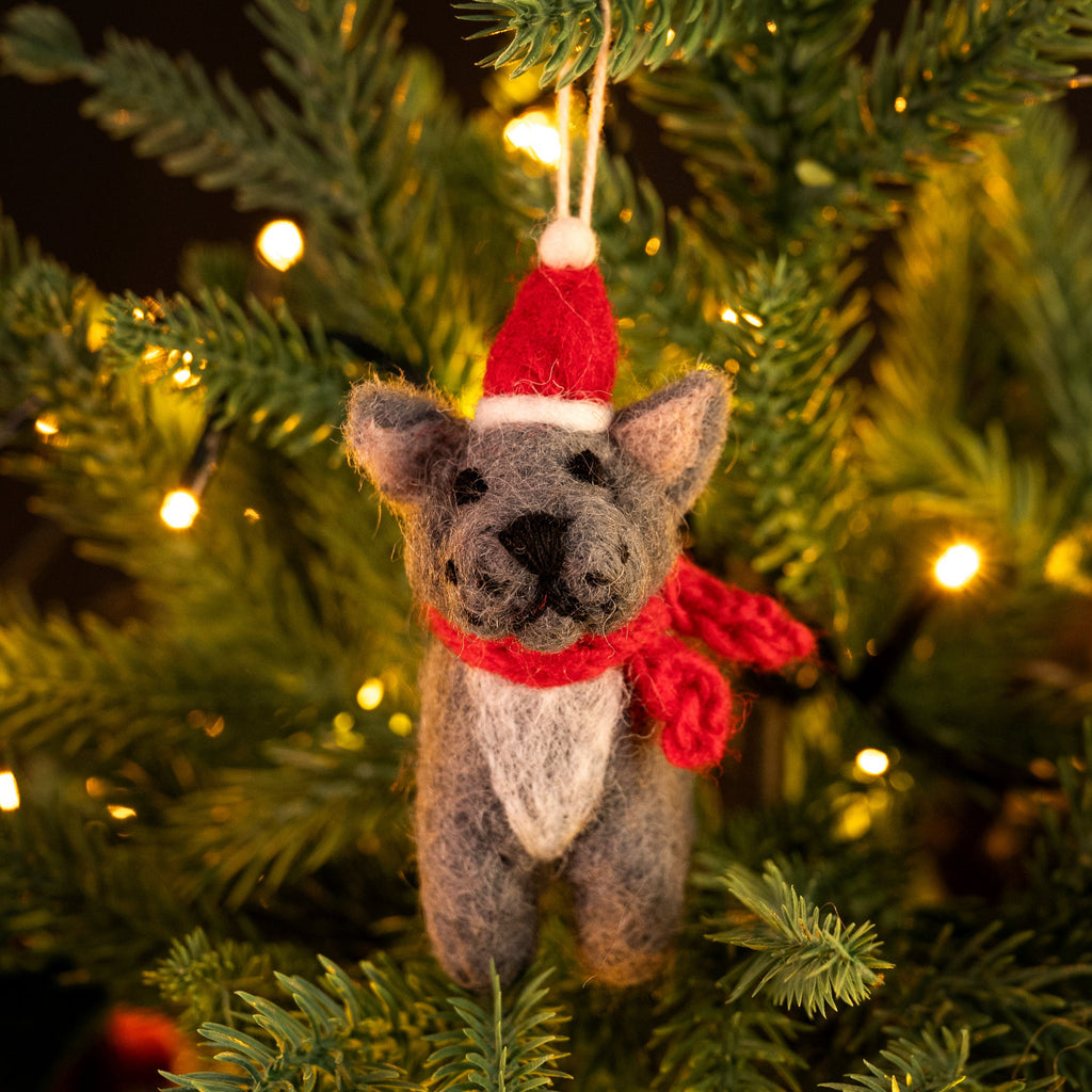 Amica Felt fair trade Christmas French Bull Dog with Hat & Scarf decoration