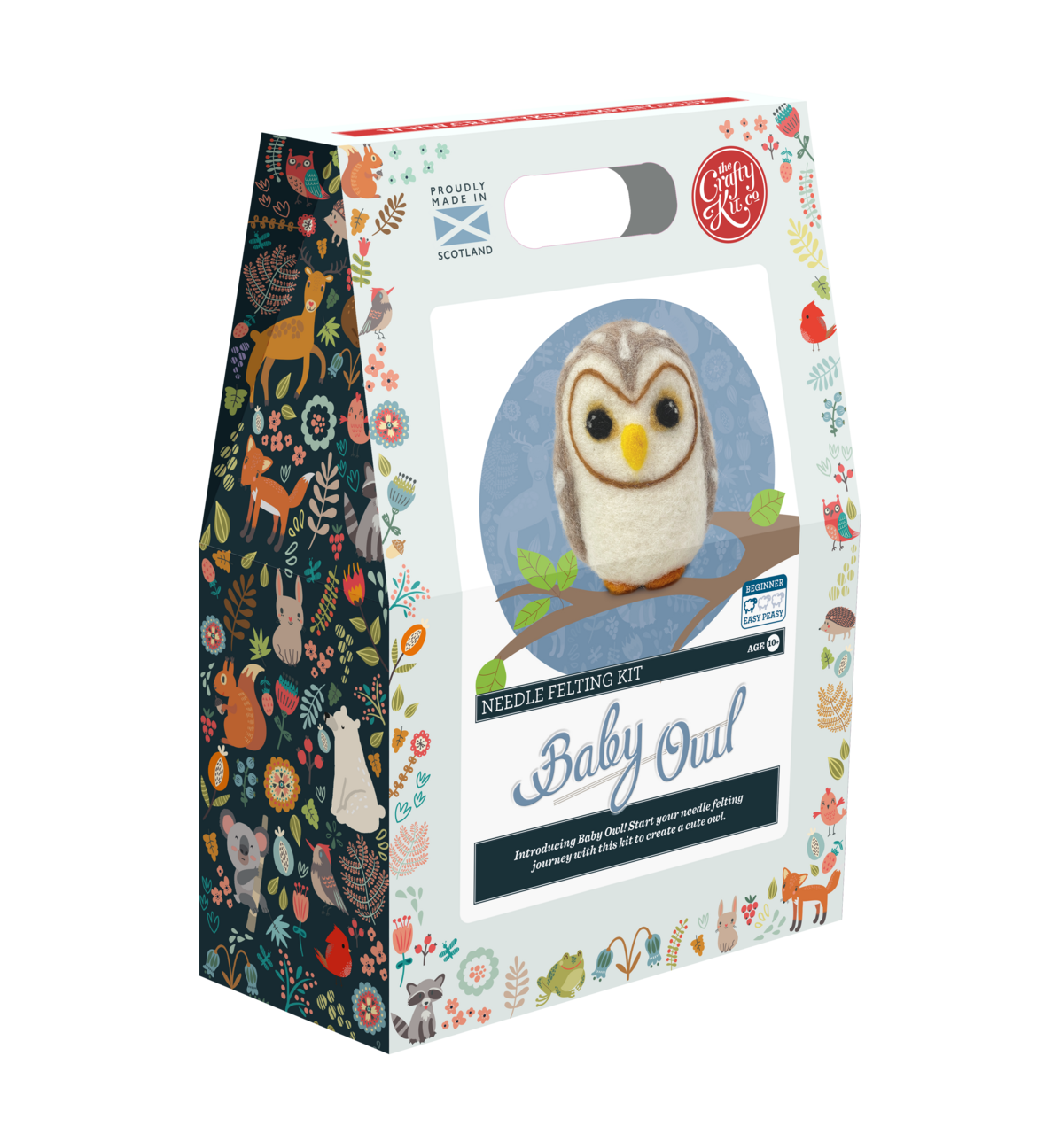 Needle felting kit packaging with a baby owl design on a white background