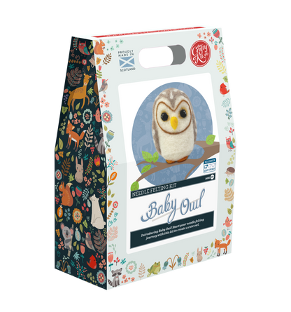 Needle felting kit packaging with a baby owl design on a white background