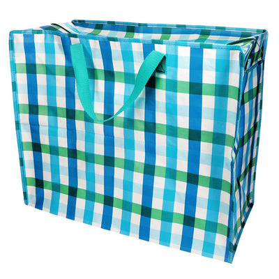 Blue and green checkered bag with a white background