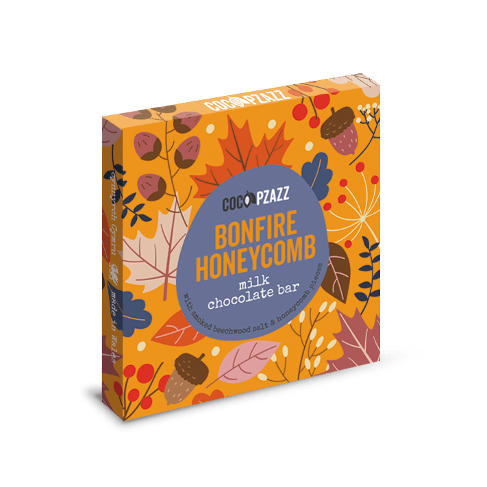 Coco Pazz chocolate bar packaging with autumn design on a black background