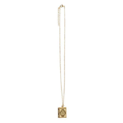 Gold necklace with a rectangular pendant on a white background