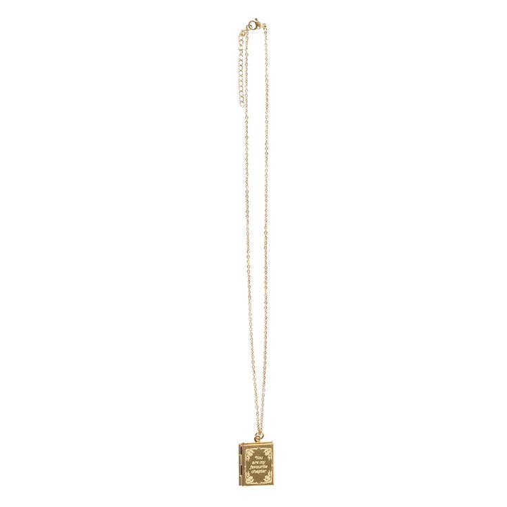 Gold necklace with a rectangular pendant on a white background