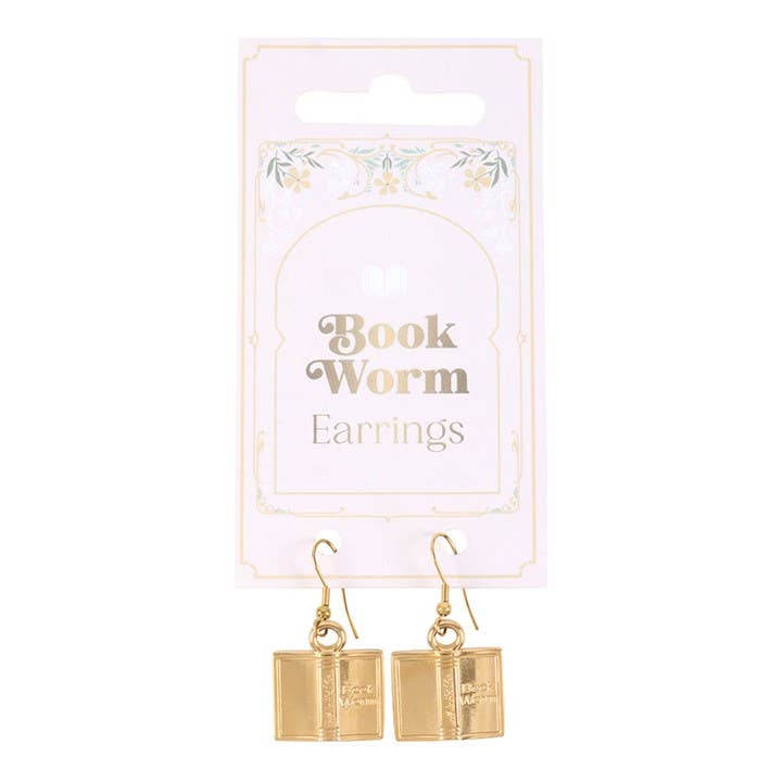 Gold book-shaped earrings on a 'Book Worm Earrings' card with decorative elements.