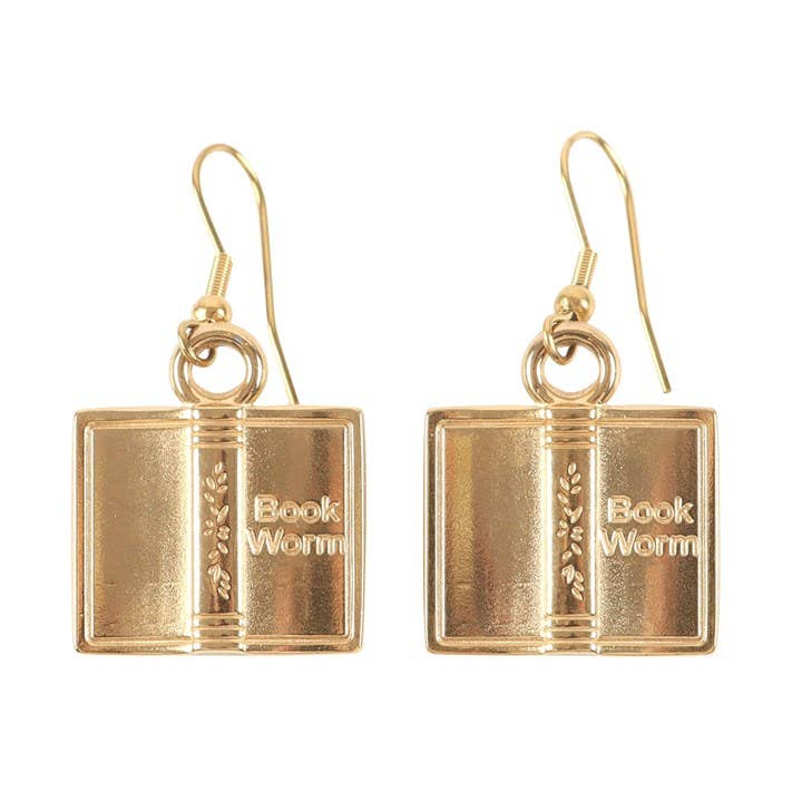 Gold book-shaped earrings with 'Book Worm' text on a white background