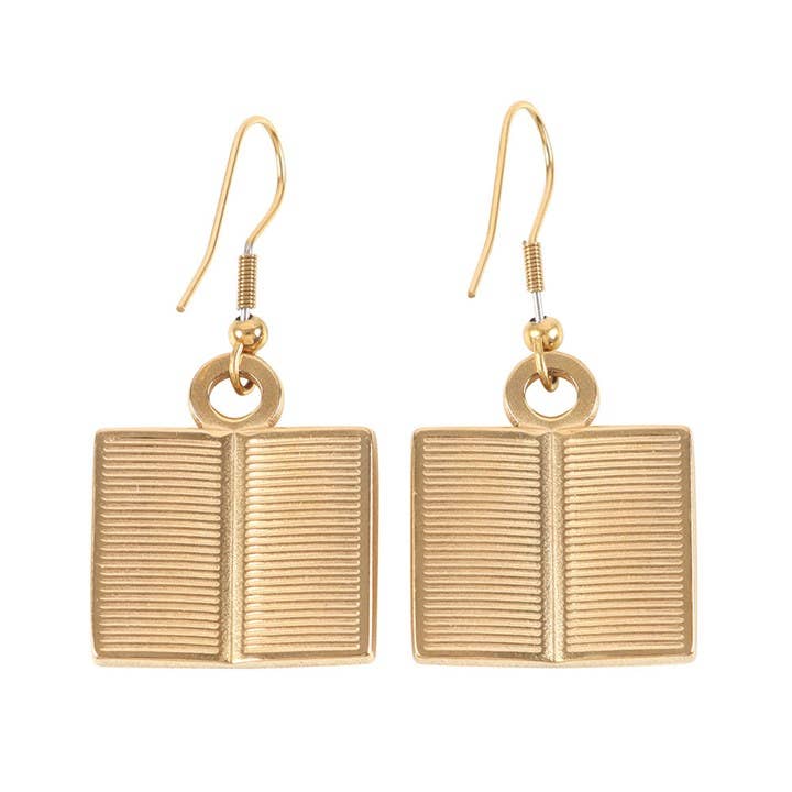 Gold book-shaped earrings on a white background
