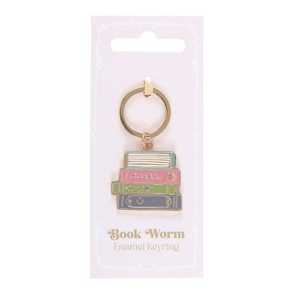Book-themed keychain on a white card with 'Book Worm' text
