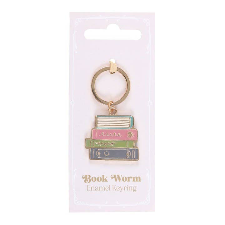 Book-themed keychain on a white card with 'Book Worm' text