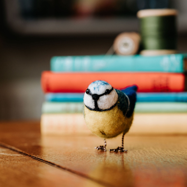 Felted bird figurine on a wooden surface with books in the background