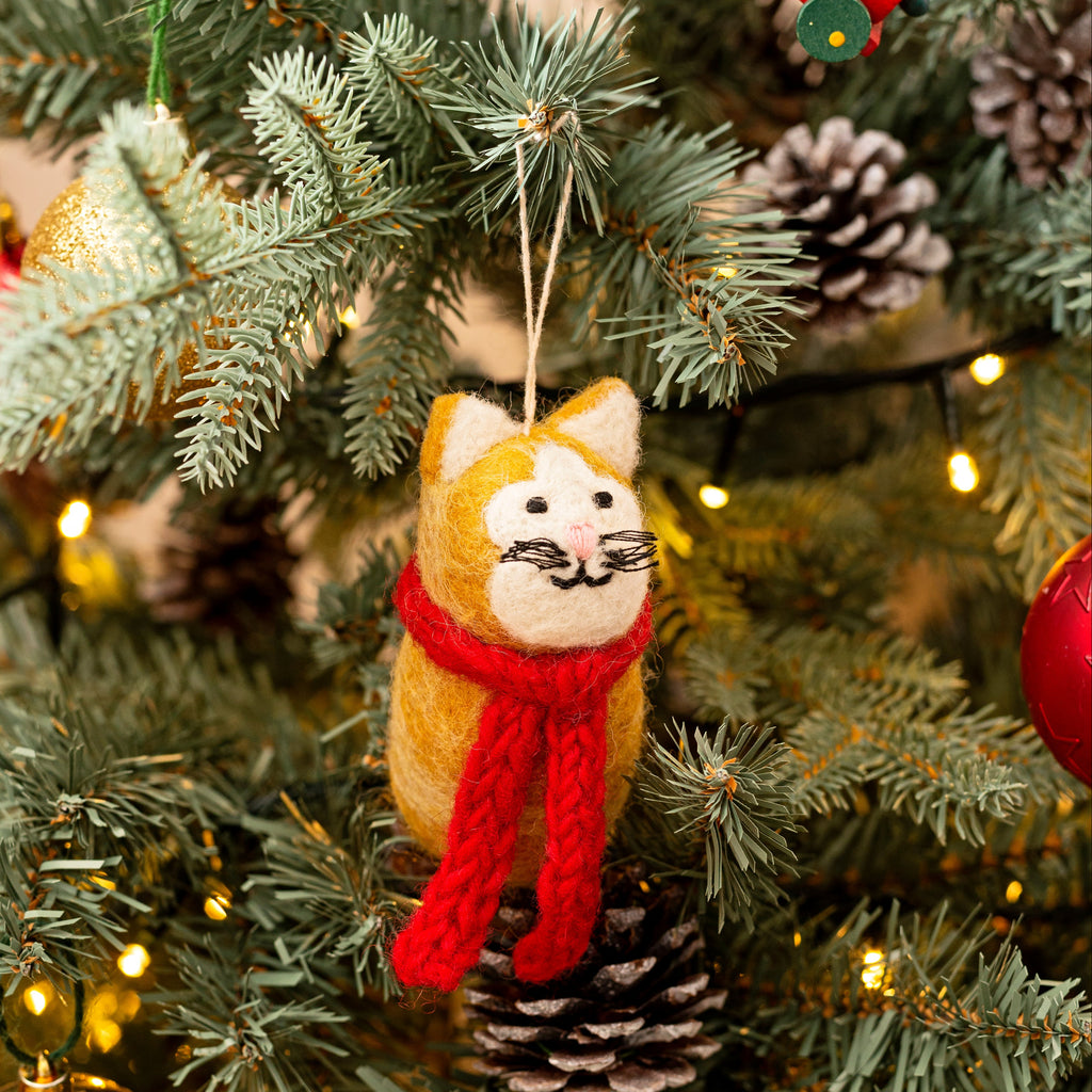Amica Felt fair trade Christmas Ginger Cat with Scarf decoration
