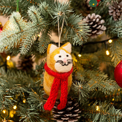 Amica Felt fair trade Christmas Ginger Cat with Scarf decoration