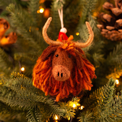 Amica Felt fair trade Christmas Highland Cow Decoration