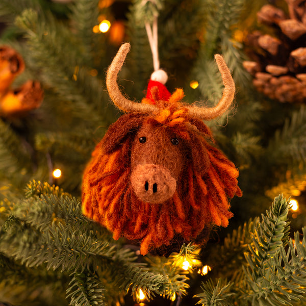 Amica Felt fair trade Christmas Highland Cow Decoration