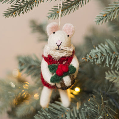 Felt Little Girl Mouse with Christmas Pudding Decoration
