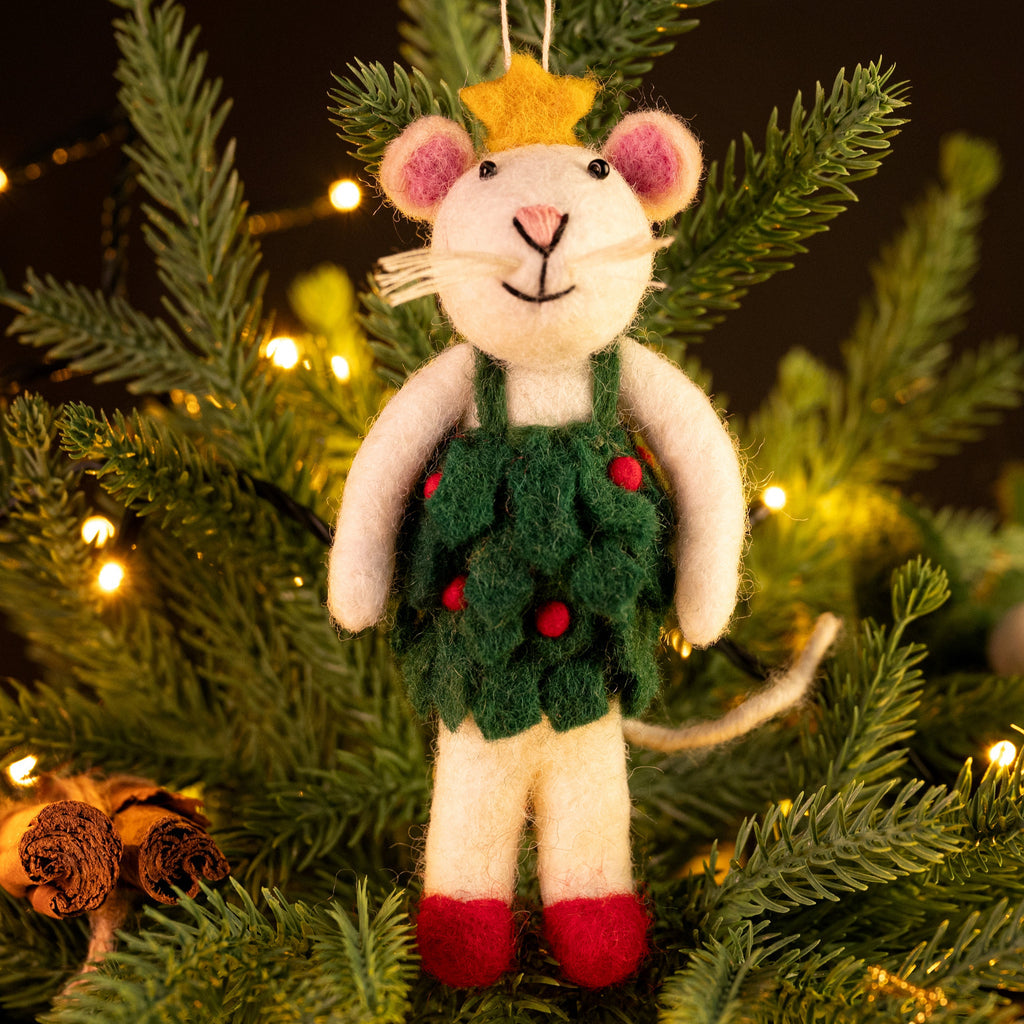 Amica Felt fair trade Christmas Mouse in Holly Dress decoration