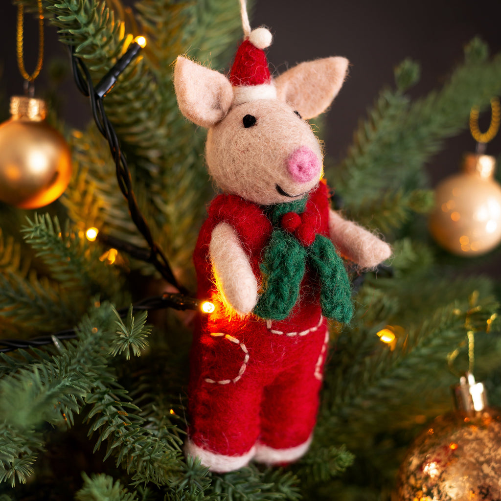 Amica Felt fair trade Piglet in Christmas Dungarees Decoration