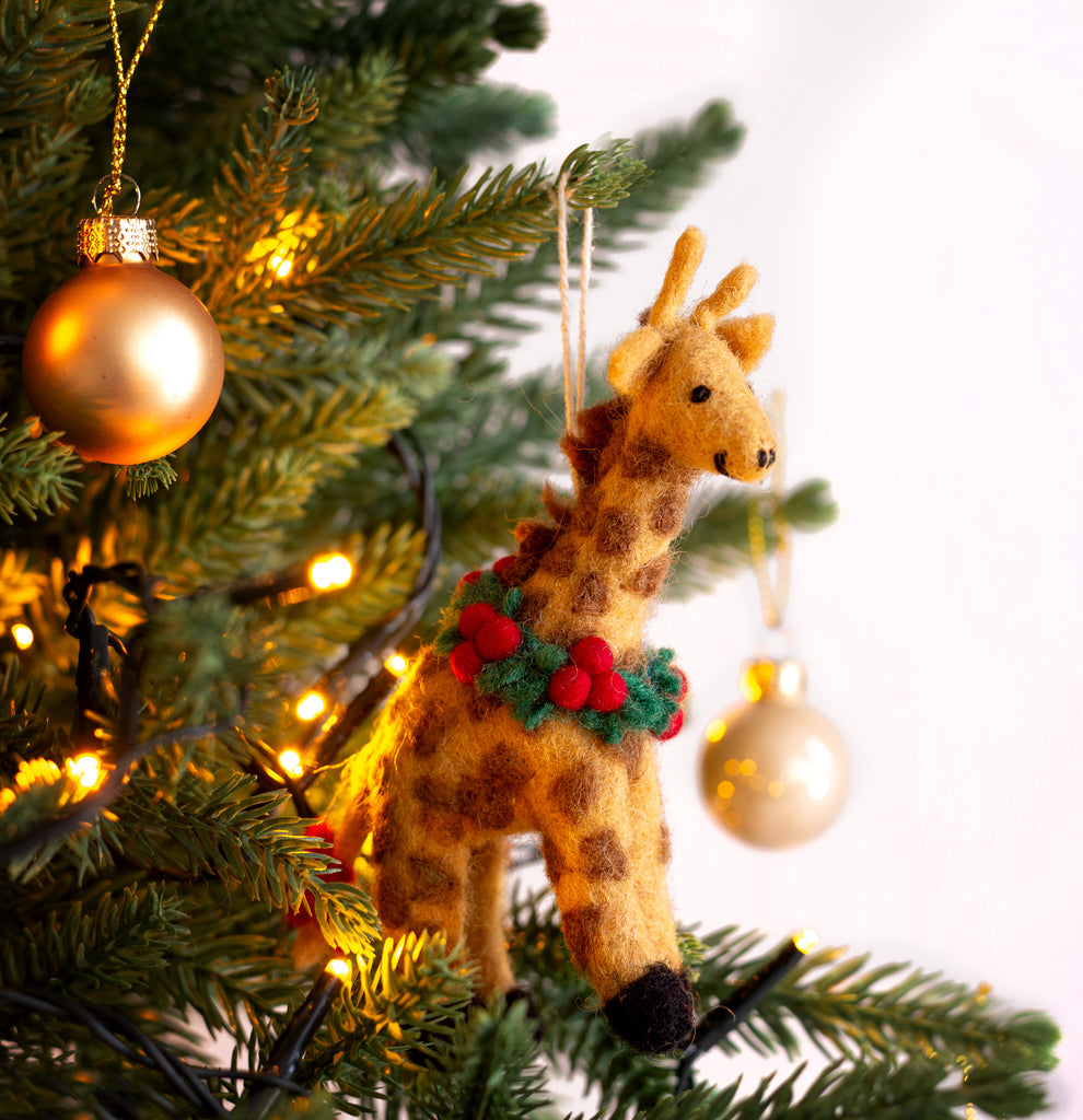 Amica Felt fair trade Safari Christmas Giraffe with Holly Wreath Decoration