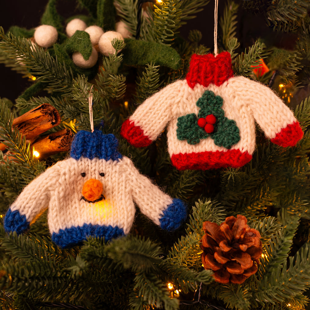 Amica Felt fair trade Christmas Knitted Jumper - Snowman and Holly Sprig decoration