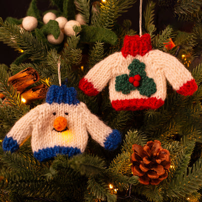 Amica Felt fair trade Christmas Knitted Jumper - Snowman and Holly Sprig decoration