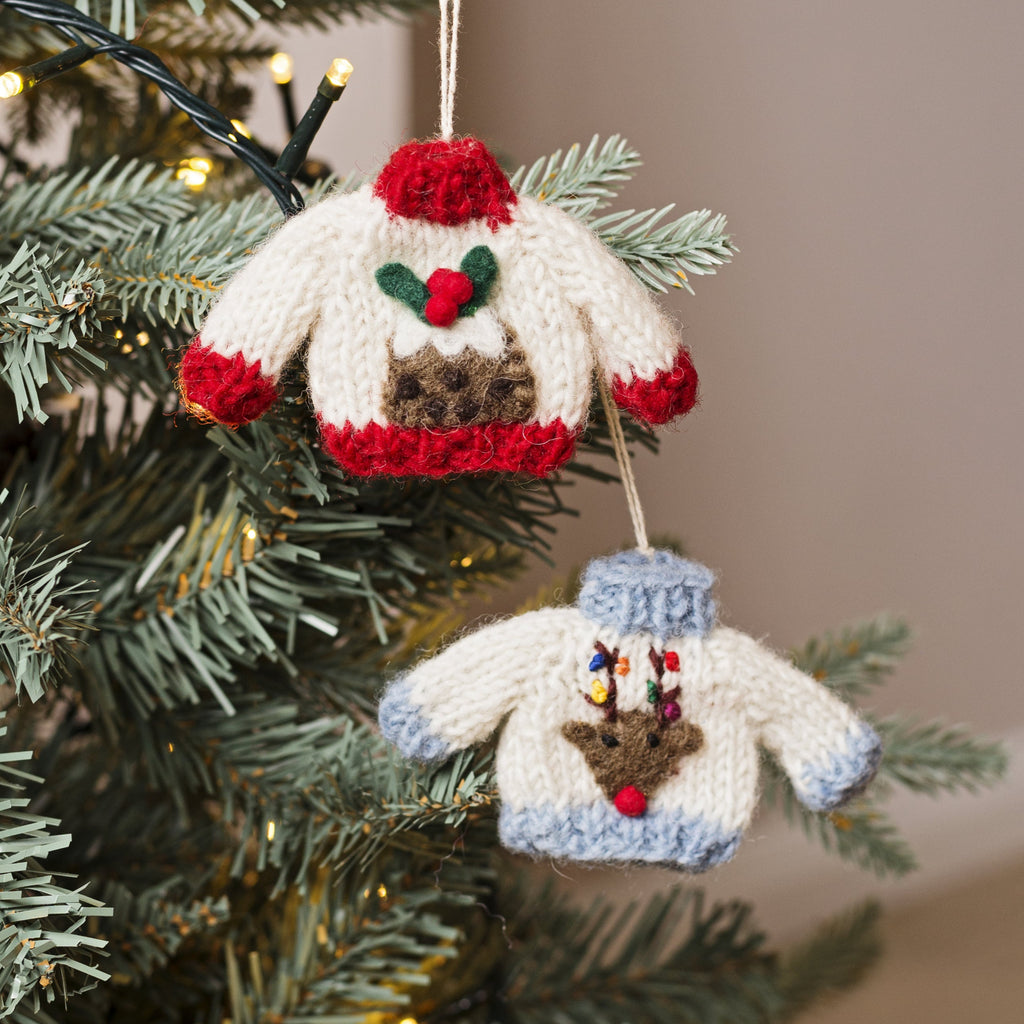 Amica Felt Christmas Knitted Jumper Decoration - Christmas Pudding or Reindeer