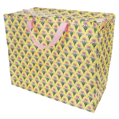 Floral-patterned storage box with a pink handle on a white background