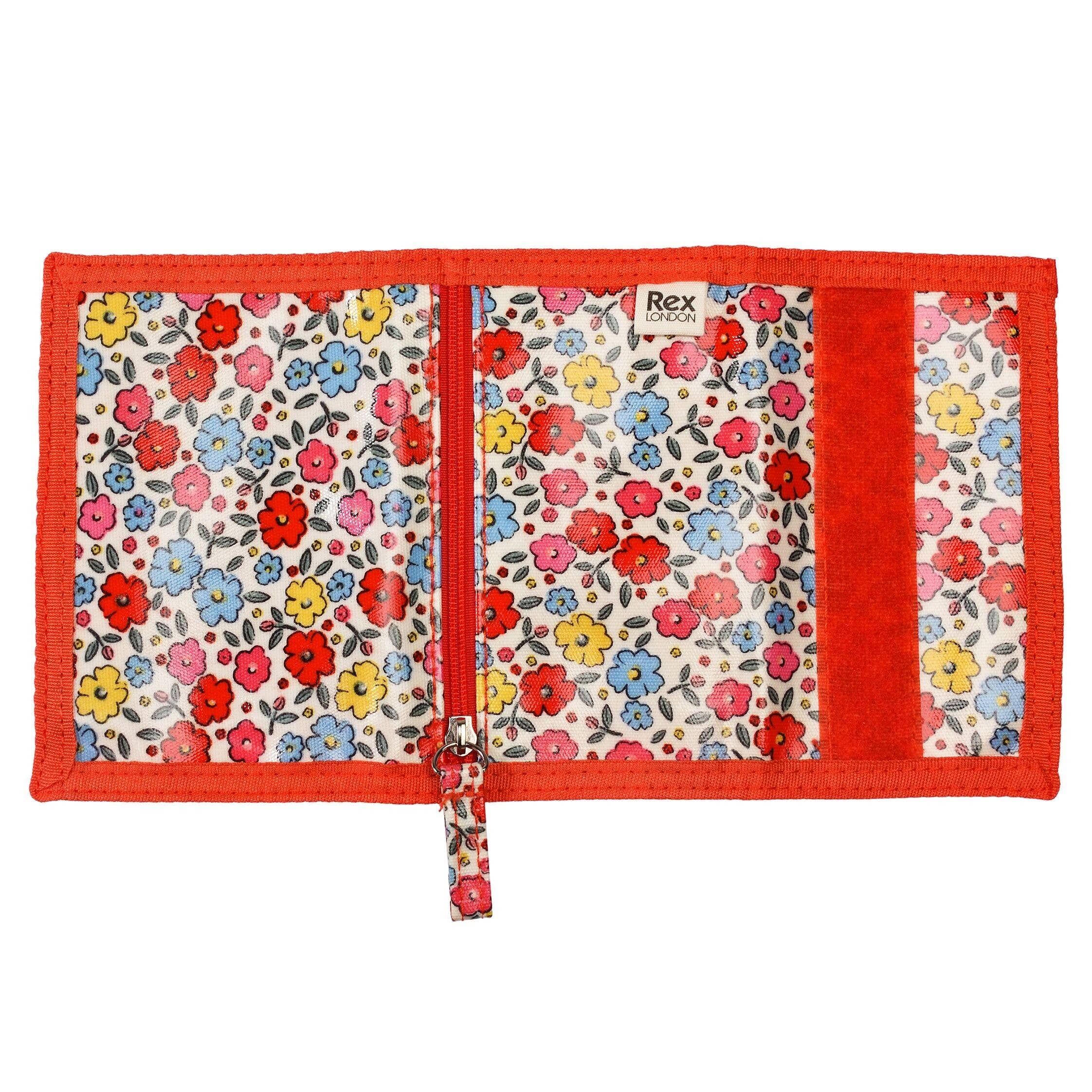 Floral-patterned pouch with red border on a white background